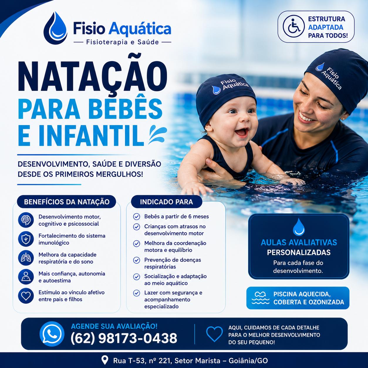 Material da clínica sobre natação para bebês e infantil