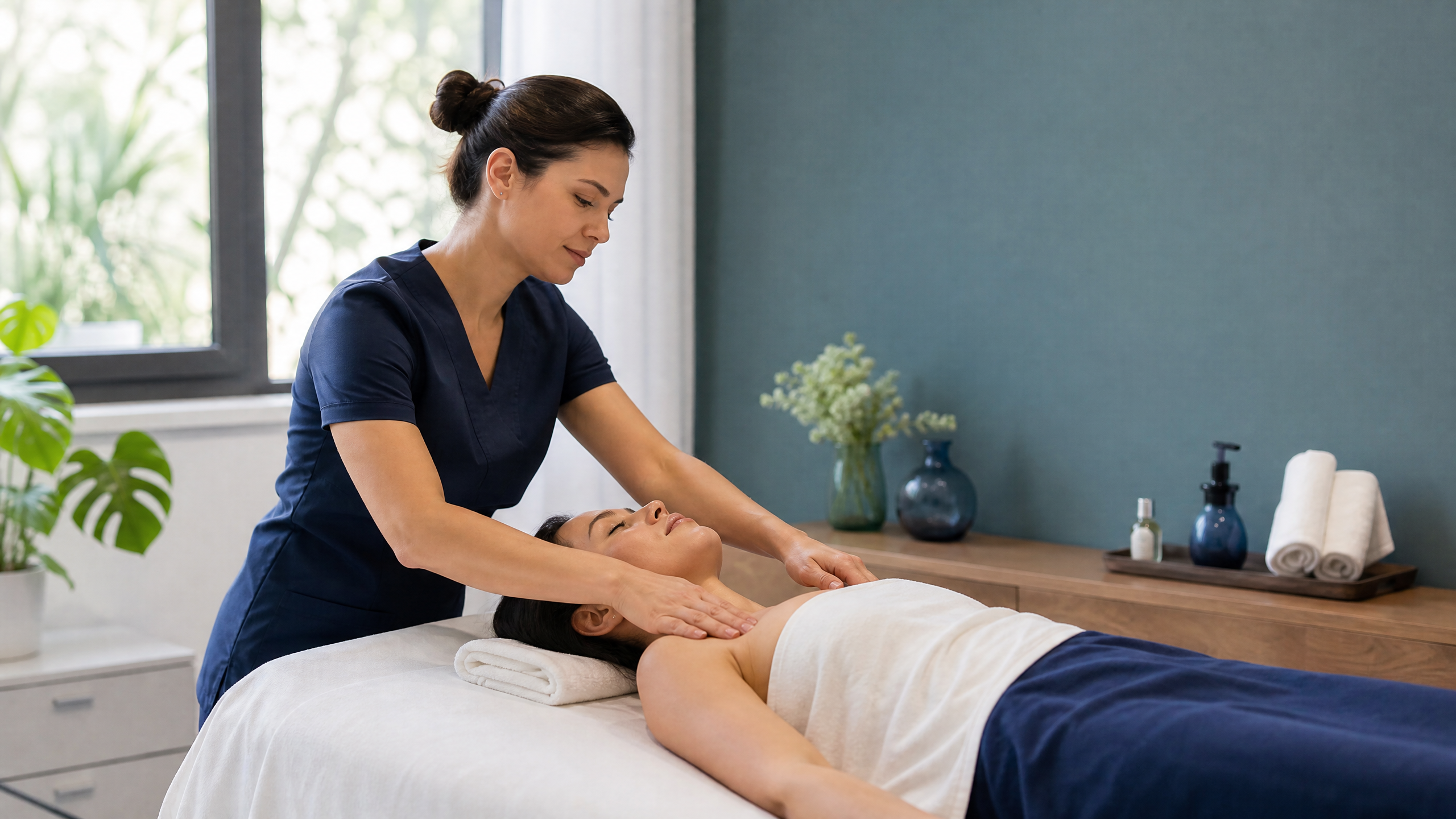 Drenagem linfática manual e massagem relaxante terapêutica em ambiente clínico