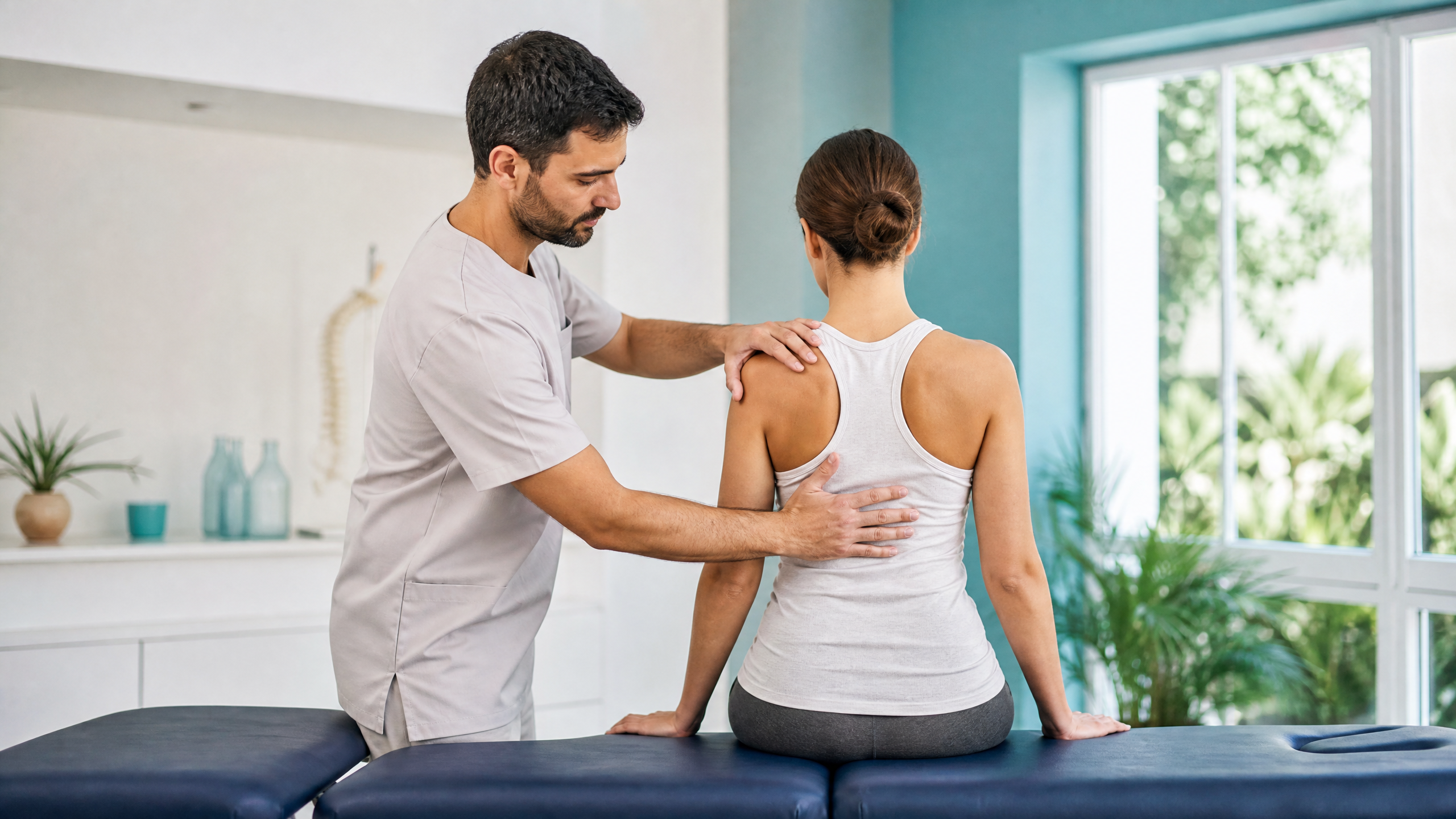 Atendimento de osteopatia com avaliação manual em ambiente clínico